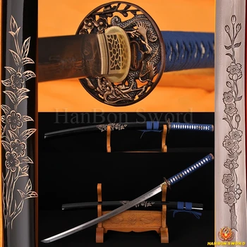 

Full Tang Japanese Samurai Sword Katana Damascus Folded Steel Hand-carved Saya & Etching Cherry Blossom Quenching Oil Blade Sale