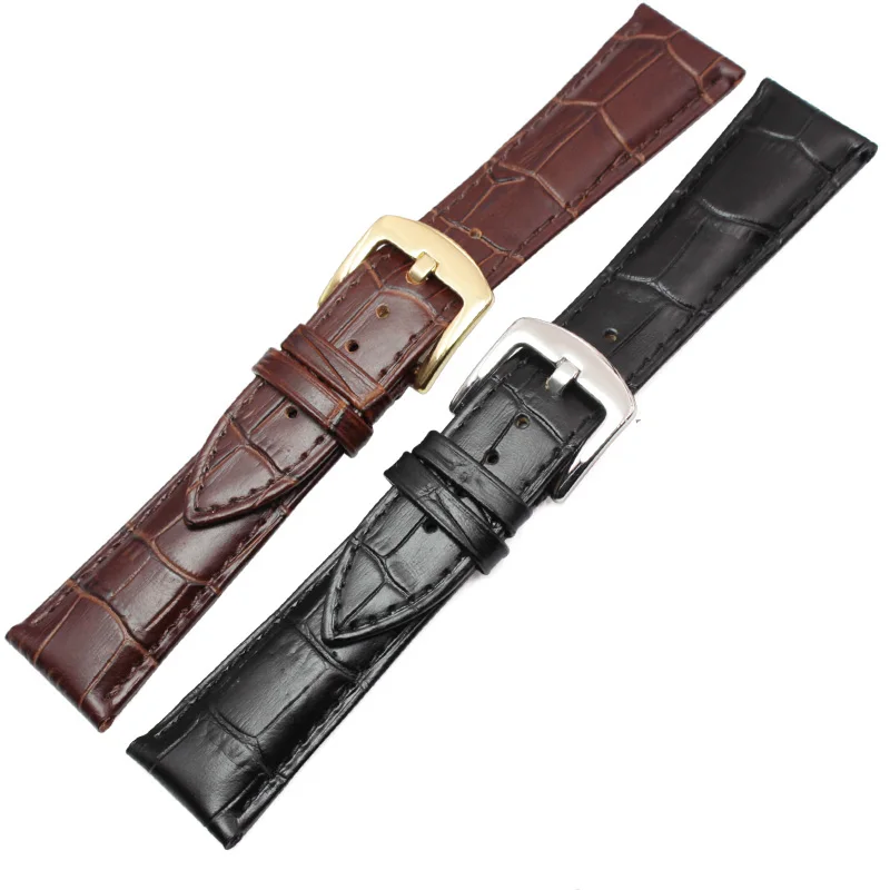 Premium Genuine Leather Watchband for Men - Soft Black & Brown Strap with Steel Needle Buckle