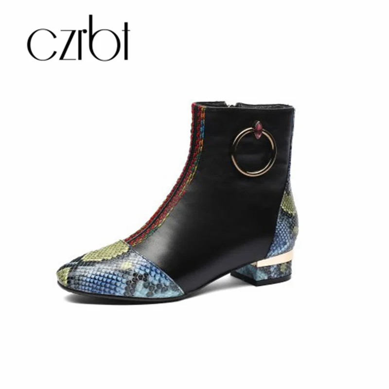 

CZRBT 2018 new shoes women's fashion hot sale high-end handmade leather round head zipper sexy metal ring warm women boots