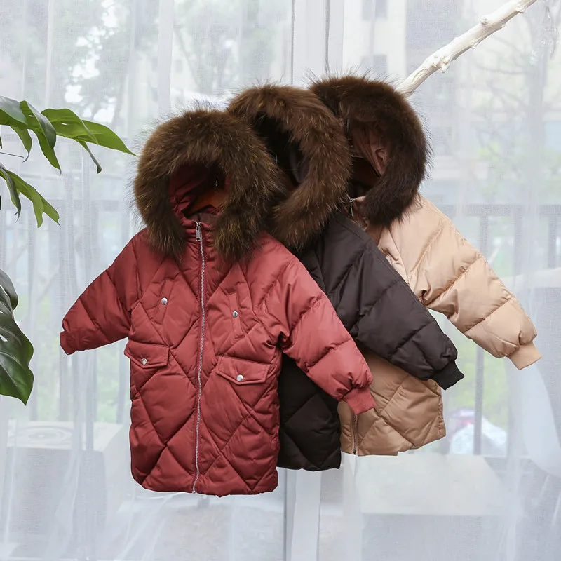 Коллекция года, новое зимнее детское утепленное пуховое пальто с капюшоном пуховая куртка с воротником из натурального меха детская верхняя одежда для холодной погоды, Y1800