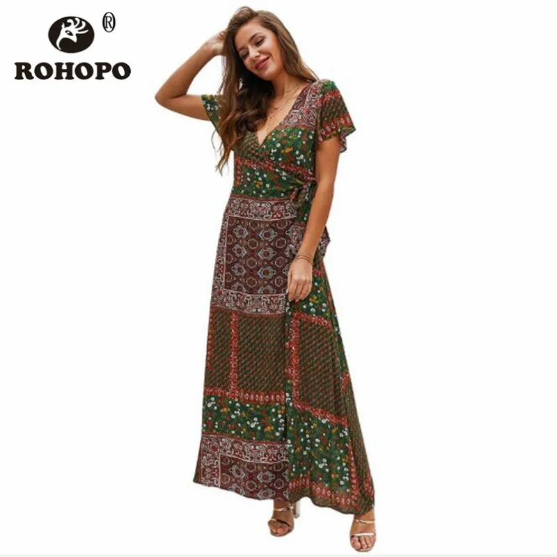 

Vintage Ankle Length Dress Bohemian Runway Fashion Summer Women Outwear V Neck Collar Cotton Retro Red Female Long Dress 2019