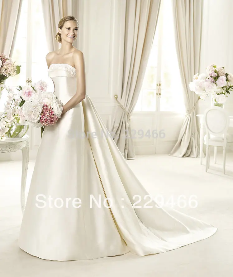 Hotsale New Style Chapel Train Strapless Custom Made Satin Designers Plain Latest Elegant Wedding Dress 2015 wzy174 | Свадьбы и