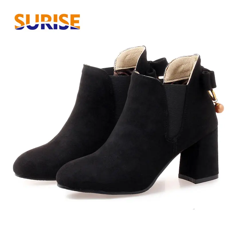

Flock Bowtie British Women Chelsea Boots 7cm High Square Chunky Heel Red Winter Casual Office Round Toe Zipper Short Ankle Boots