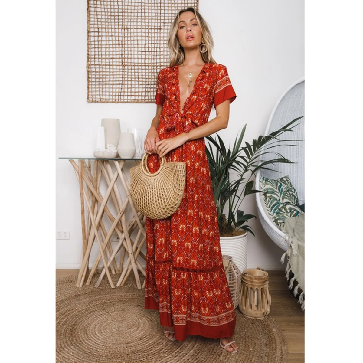 

Freedom Floral Print Maxi Dress Women Short Sleeve V neck High Waist Long Dress Ladies Boho Style Elegant Vintage Dresses Summer