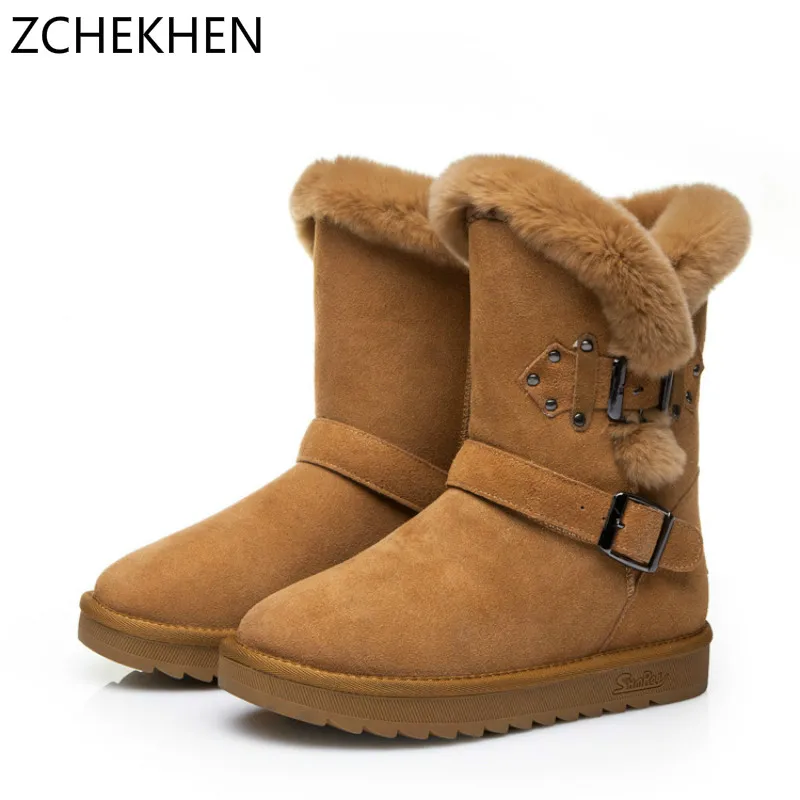 

Genuine leather Fur Snow boots women Winter Australia Boots mid calf Boots for women Warm Botas Mujer
