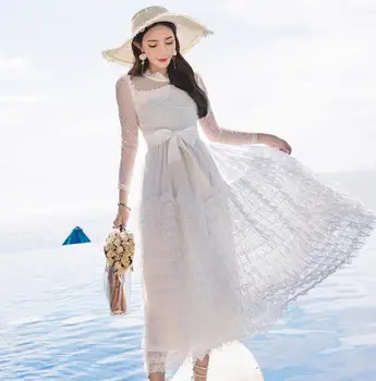 

Elegant Mesh Patchwork Overlay Party Dress women Stretch Long Sleeve Maxi Dress Summer 2019 See-through Black White Sundress