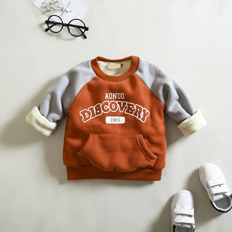 Зимний теплый свитер для маленьких мальчиков детская хлопковая одежда с длинными рукавами толстовки с надписями для детей от 12 месяцев до 3 лет - Цвет: Оранжевый