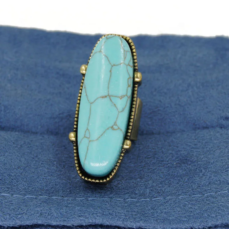 

FishSheep Oval Shape Blue Stone Adjustable Rings Antique Gold/Silver Color Vintage Big Natural Stone Ring For Women Jewelry
