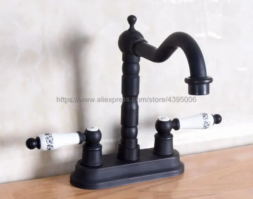 

Oil Rubbed Bronze Bathroom Faucet Dual Handle Lavatory Sink Basin Mixer Taps Deck Mounted Two Hole Bnf152