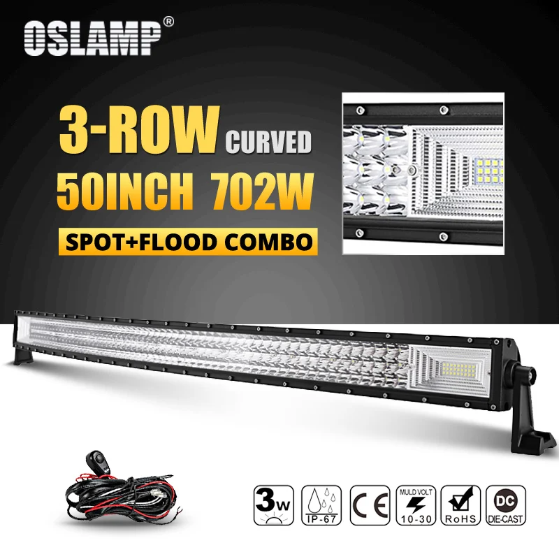 Oslamp 3 ряд 2" 324 Вт 34" 486W 4" 594 Вт 52" 702 Вт изогнутый СВЕТОДИОДНЫЙ светильник бар Offroad светодиодный бар пятно луча СВЕТОДИОДНЫЙ рабочий светильник бар 12v 24v - Цвет: 50inch and wire