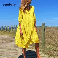 Fanbety, женское осеннее платье средней длины с рукавом до локтя, элегантное сексуальное платье с v-образным вырезом, с принтом, свободные, бохо, для девушек, негабаритных, вечерние, летнее, сарафан