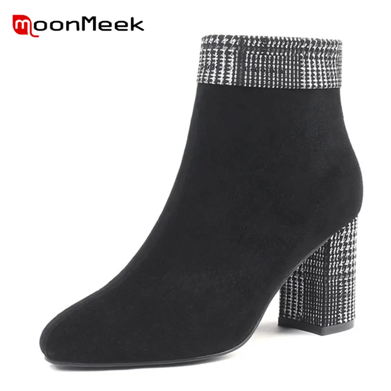 

MoonMeek new arrive 2020 popular mixed colors boots woman round heels ankle boots ladies unique suede leather boots shoes black