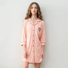 Nightdress Women Spring Three Quarter Sleepwear Shirt Polka Dot Style Nightgown Cotton Cardigan Lounge Thin Sleepshirts