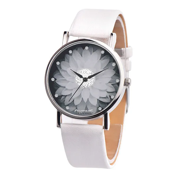 Брендовые женские часы с простым принтом лотоса, женские часы с циферблатом, роскошные стразы, кожаный ремешок, кварцевые наручные часы Zegarek Damski# F - Цвет: Белый