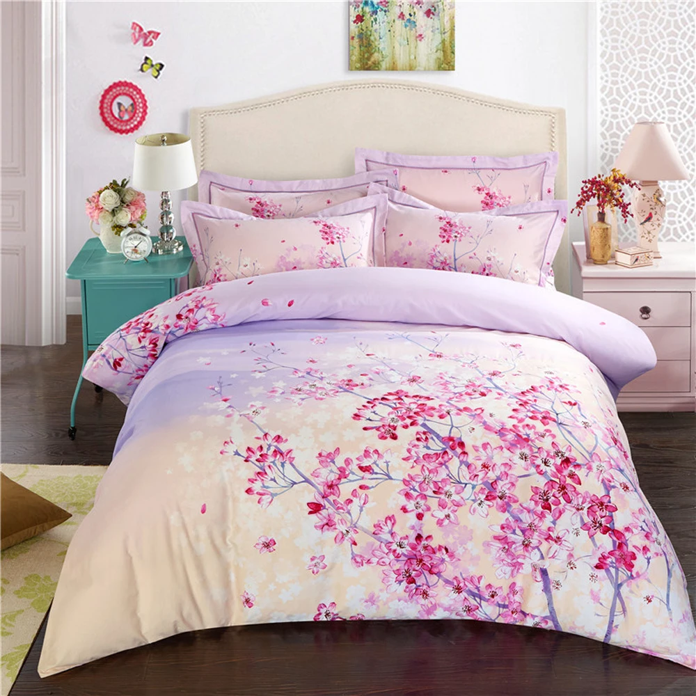 

2018 Pink Plum Blossom Duvet Cover Set Winter Thick Bedding Linens Sanding Cotton Queen King Size Bedding Sets Pillowcases