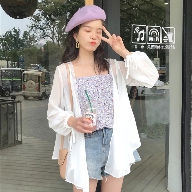 

2019 new women Summer thin loose white Chiffon cardigan sunscreen v-neck shirt female girls long bow lantern Sleeve blouse tops