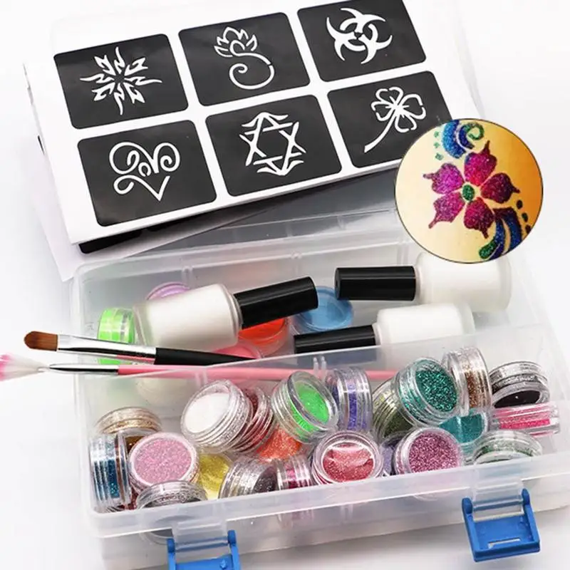 

Tattoo Face Body Paint Set 118 Tattoo Patterns 6 Color Luminous Powder 24 Color Flash Powder Paint Brush and Glue Glowing Paint