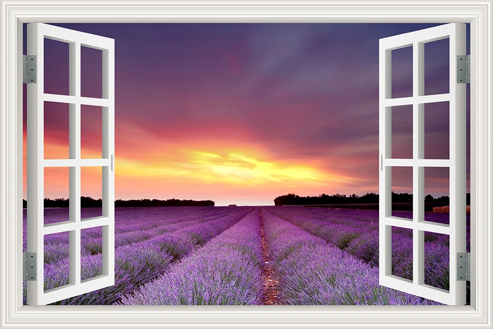 Фиолетовая Лавандовая наклейка с пейзажем, виниловые обои, 3D Наклейка на стену с видом окна, украшение для комнаты adesivo de parede - Цвет: 26