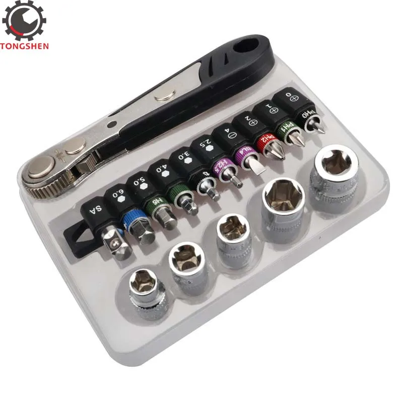 16pcs 1/4 Mini Ratchet Wrench Screwdriver Set with 90 Degree Mini Offset Reversible Drive Handle & Multi Bits Socket