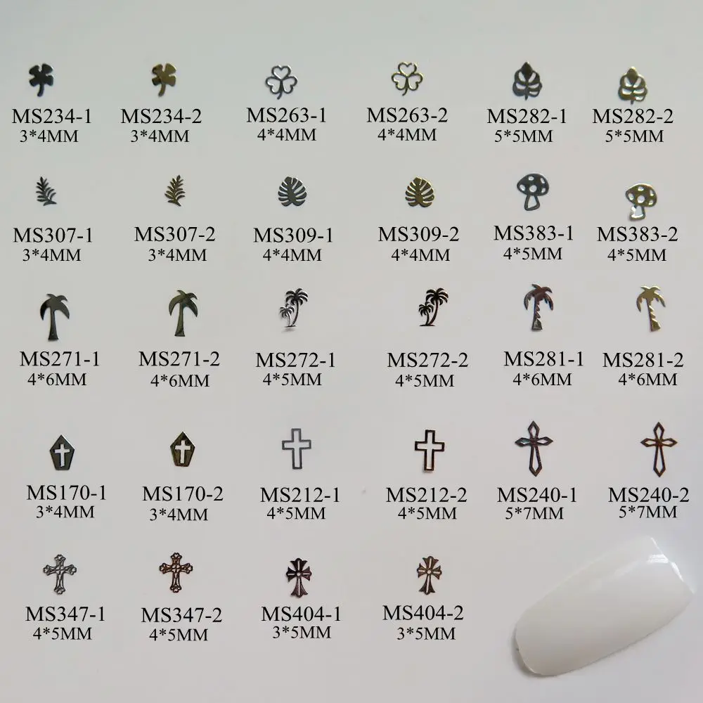 

Approx. 1000pcs/bag Silver/Gold Lucky-Leaf Mushroom Palm-Tree Cross non-adhesive Soft Metal Sticker Nail Art Decoration