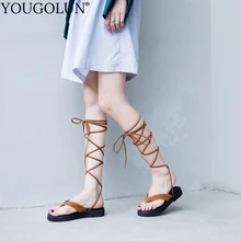 

YOUGOLUN Women Cross Strap Sandals Summer Ladies Lace up Genuine Kid Suede Flat Shoes Sexy Woman Black Brown Party Shoes #A-152