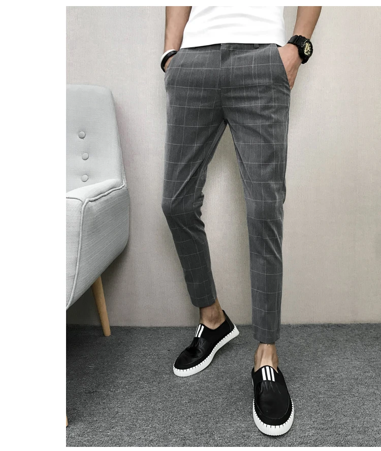 2019 Korean Pants Men Spring Slim Fit Casual Men Plaid Pant Ankle ...