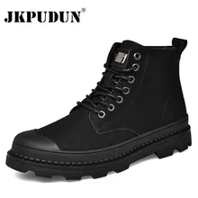 Black warm leather men's winter boots leather men's winter work boots military style, botas JKPUDUN