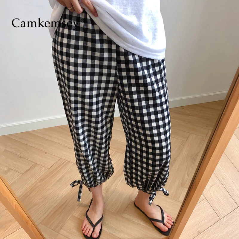 

CamKemsey Summer Casual Chiffon Pants Women 2019 Fashion White Black Plaid Lace Up Split Elastic Waist Loose Harem Pants