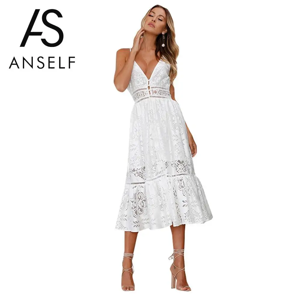 

Anself Women Lace Crochet Panel Smocked Sleeveless Dress Summer Spring V Neck Lace Draped Mid-calf A Line Dress White Solid Robe