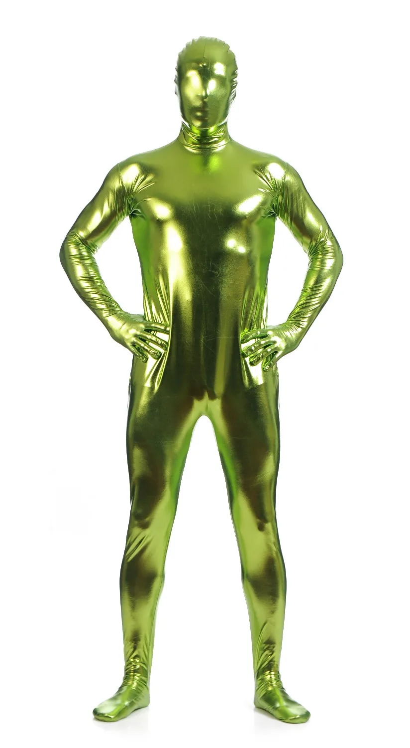 Fullbody Green Metallic Zentai Shiny Spandex Lycra Spandex Long Sleeve Bodysuit Second Skin Full