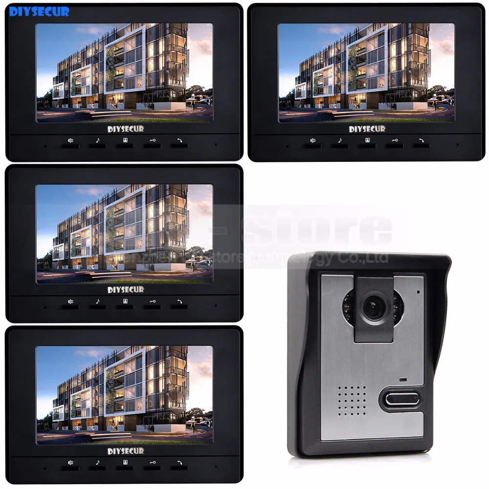 

DIYSECUR 7inch Video Intercom Video Door Phone Doorbell 600 TVLine IR Night Vision Camera 4 Monitors 800 x 480 Black