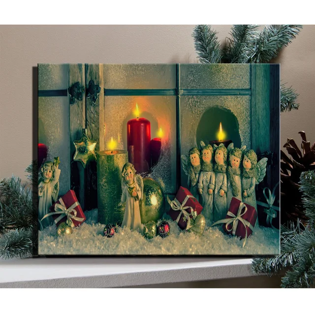 canvas wall art with led lighted up flicking candles with angel toys snowy for christmas wall - Lighted Christmas Wall Decorations canvas wall art with led lighted up flicking candles with angel toys snowy for christmas wall - Lighted Christmas Wall Decorations