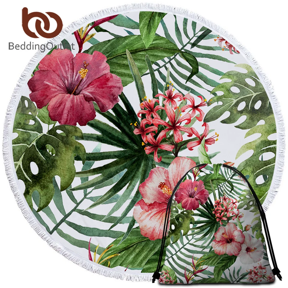 Beddingoutlet Flowers Round Beach Towel Microfiber Leaves Bath Towel ...