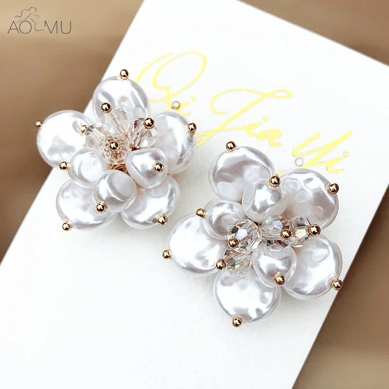 

AOMU S925 Sterling Silver Pin Korea Handmade Beaded Flower Natural Freshwater Shell Freshwater Pearl Big Stud Earrings for Women