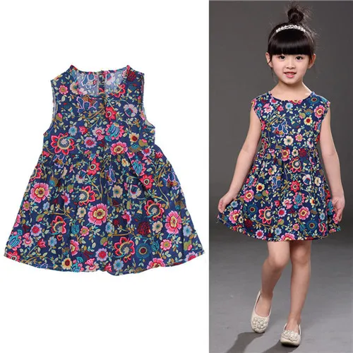 Новое популярное платье принцессы для маленьких девочек праздничное платье без рукавов с цветочным принтом летний сарафан - Цвет: Navy