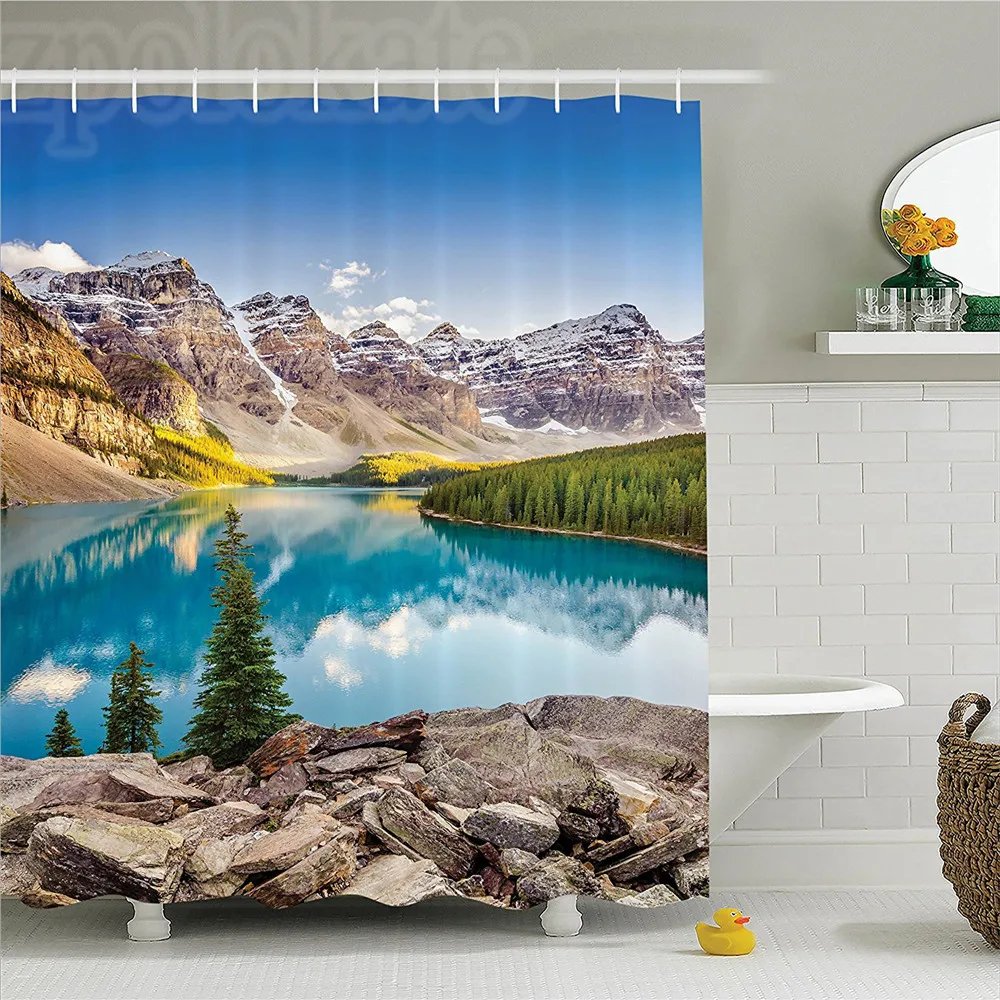 Lake House Decor Shower Curtain Set Still Calm Lake and Mountain