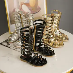 HaoChengJiaDe/летние сандалии для девочек, высокие женские сандалии-гладиаторы, Крутые ботинки, длинные сандалии с заклепками Gaotong, хит продаж