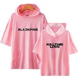 Blackpink KILLTHISLOVE с коротким рукавом Толстовка женская/мужская летняя хип-хоп 2019 Кей-поп Харадзюку модный тренд капюшон с коротким рукавом