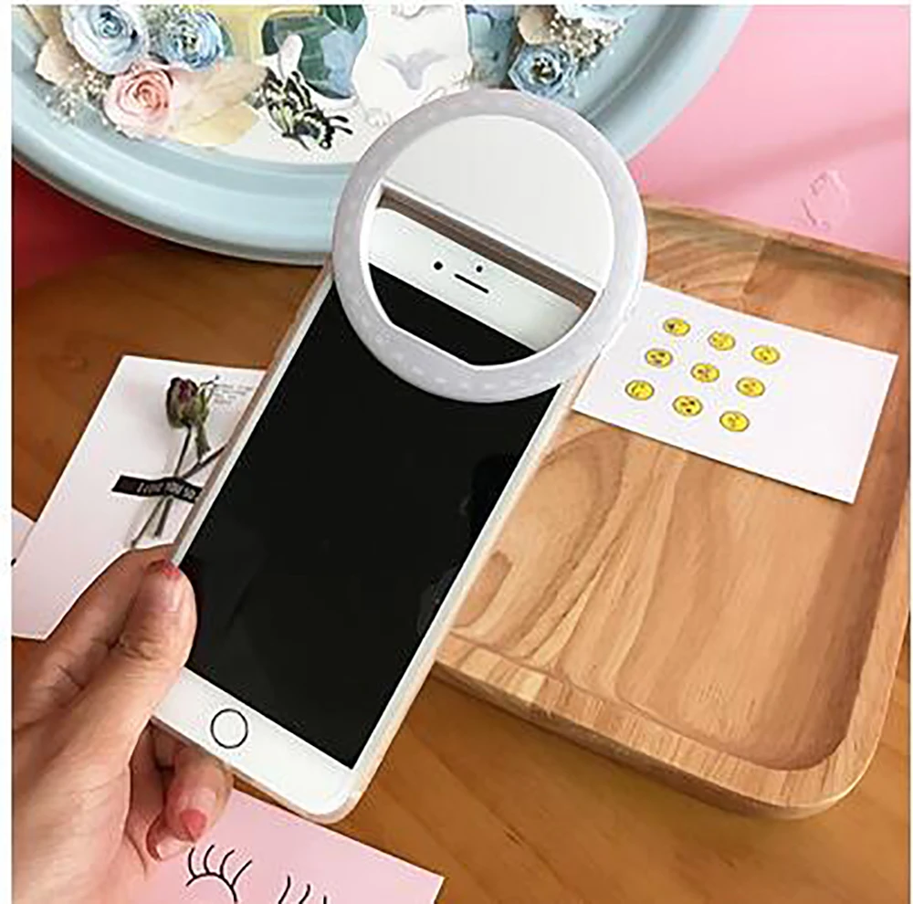 White Монопод для селфи с зеркалом круглой формы для макияжа и чехол для Micromax Q4260 Q479 Q480 Q401 Q351 Q385 светодиодный свет вспышки - Цвет: White