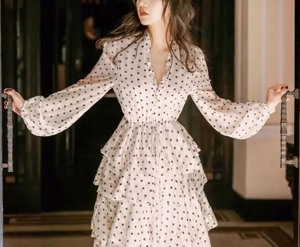 

women chiffon v neck polka dot print laminated ruffles long cake dress ladies gown party sexy vestidos female