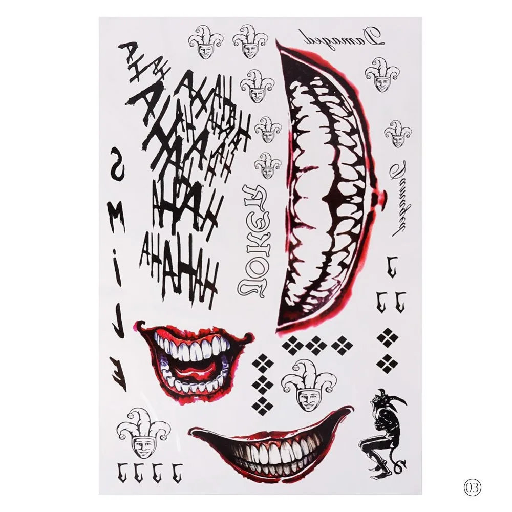 tattoos joker 7Styles Halloween Cosplay The Joker Temporary Tattoo Stickers Body Art Tattoos for Face Arm 20X29.6cm