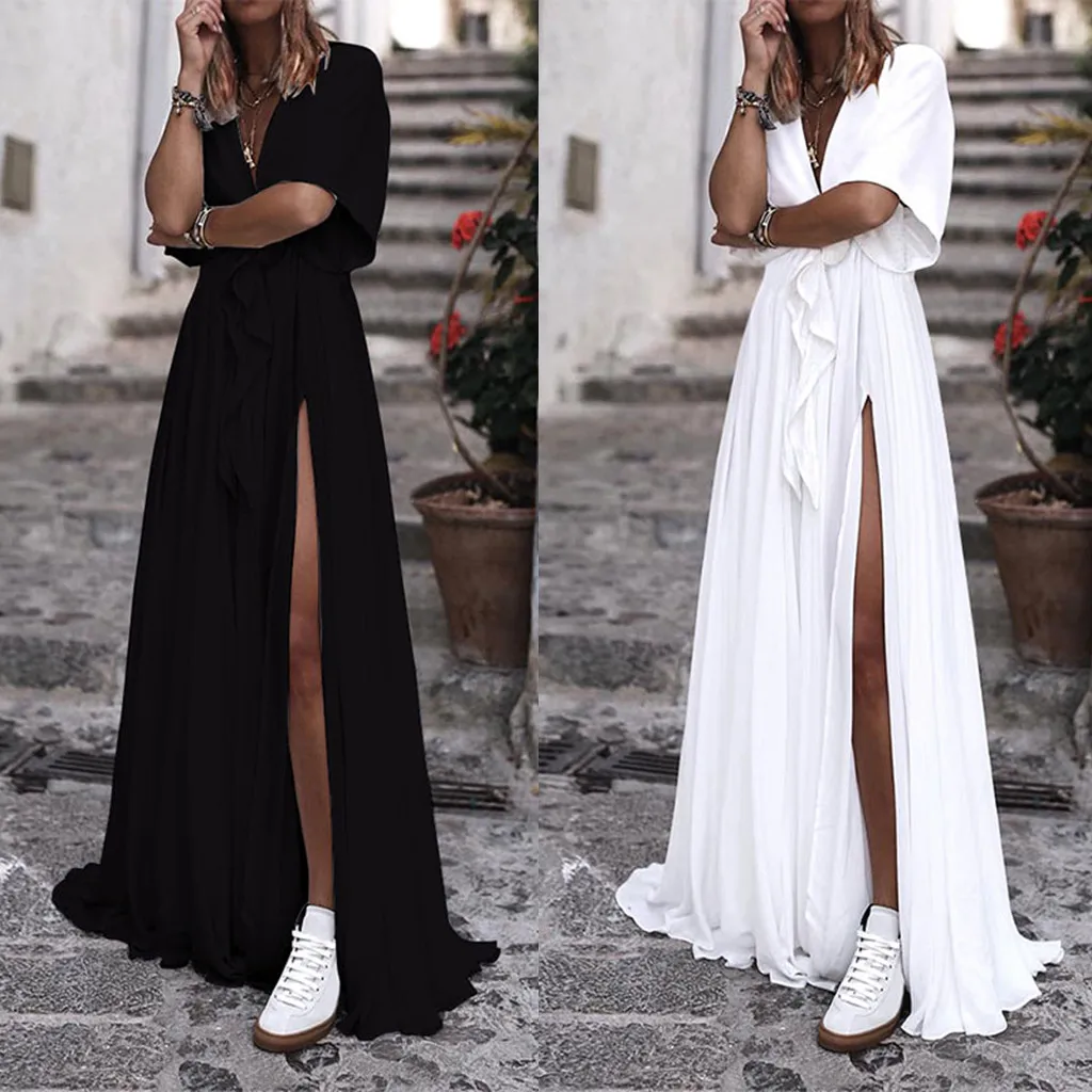 

Fashion Boho Women's Dress Summer Ladies Holiday Ruffle Maxi Sundress Robe Femme V-neck Long Split Maxi Dress vestidos de festa