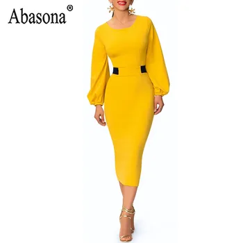 Abasona Yellow Pencil Dress Women O Neck Long Sleeve Split Woman Slim Midi Dress Ladies Fashion Patchwork Elegant Party Dresses