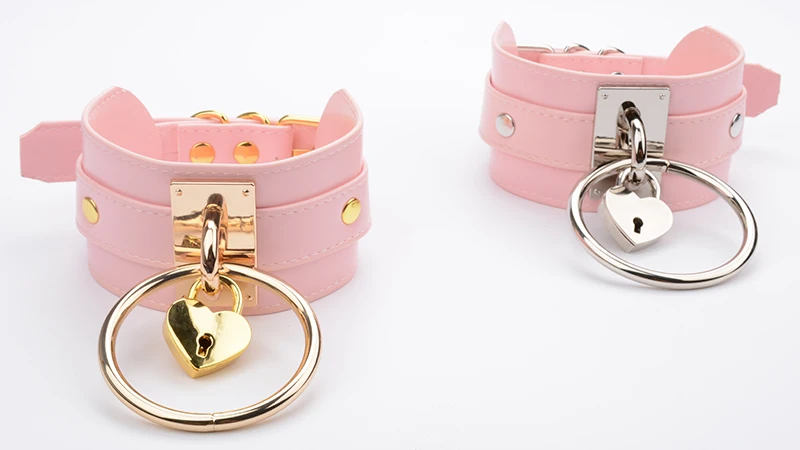 Sexy Women Pastel Goth Handmade Lockable Gold Heart Choker Necklace With Big O Round Collar Two Layer PU Leather Chocker Girls 10