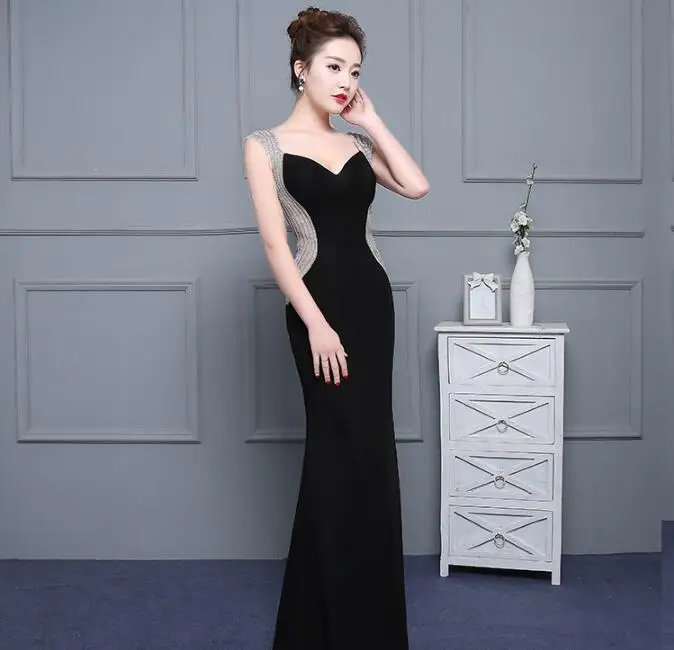 Vestido Longo, стразы, украшение, вечерние платья, длинное, сексуальное, черное, вечернее платье,, Русалка, платья для выпускного вечера, Robe De Soiree