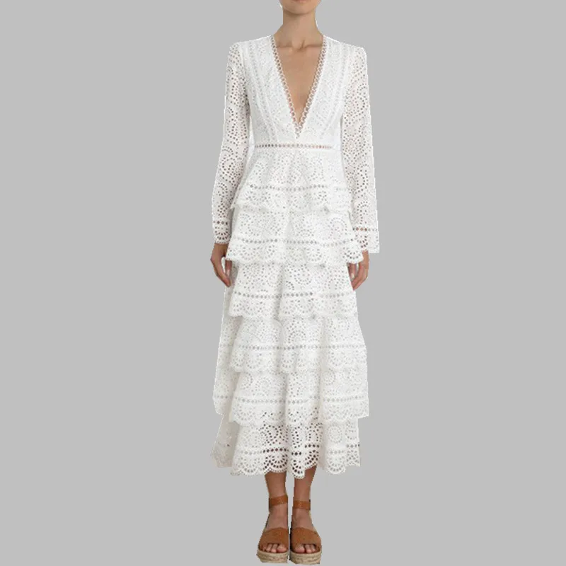 

HAMALIEL Women Sexy Deep V Neck Layers Ruffles Party Maxi Dress Runway Autumn White Hollow Out Lace Long Sleeve Cake Long Dress
