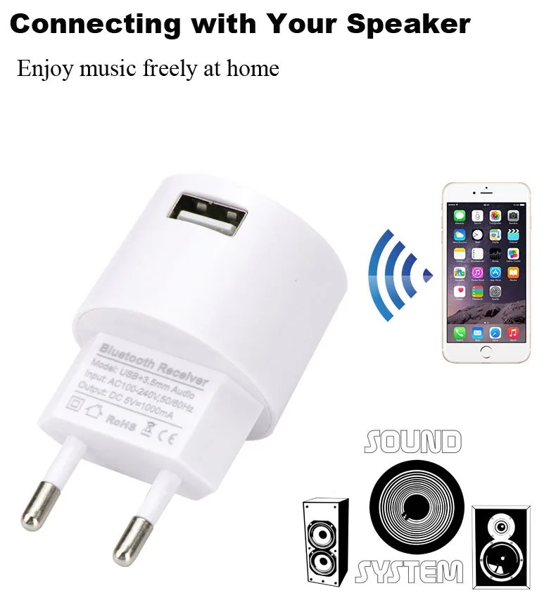 Bluetooth-приемник V4.2, аудио адаптер, зарядное устройство переменного тока, белый цвет, 110 В до 240 В, белый цвет, штепсельная вилка европейского и американского стандарта с USB и портом 3,5 мм