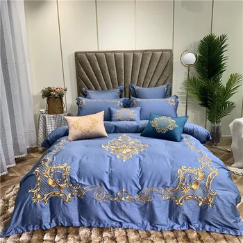

Blue Green Luxury European Palace 100S Egyptian Cotton Bedding Set Gold Royal Embroidery Duvet Cover Bed sheet/Linen Pillowcases