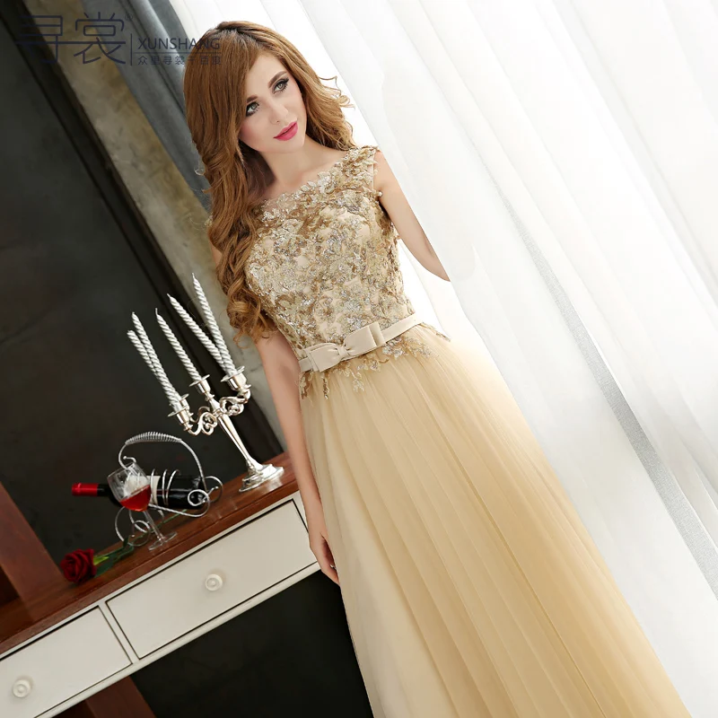 2017 Elegant Long Gold Golden Sequined Tulle Bridal Dress Formal Dress Bridesmaid Dress Maid of
