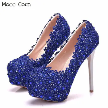 

Blue Lace Flower Bridal Shoes High Heel Round Toe Wedding Shoes Party Pumps Women Banquet Crystal Bridesmaid Ladies Dress Shoes